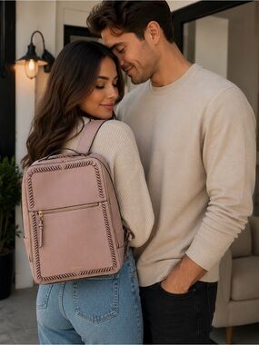 Calpak Mauve Leather Backpack with Braided Trim